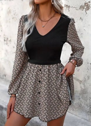 Printed V - Neck Long Sleeve Dress - MimiStylez