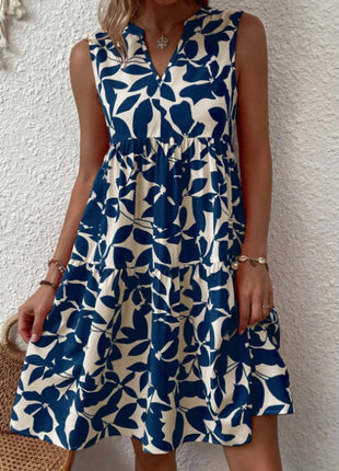 Printed V - Neck Sleeveless Mini Dress - MimiStylez