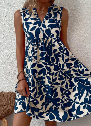 Printed V - Neck Sleeveless Mini Dress - MimiStylez