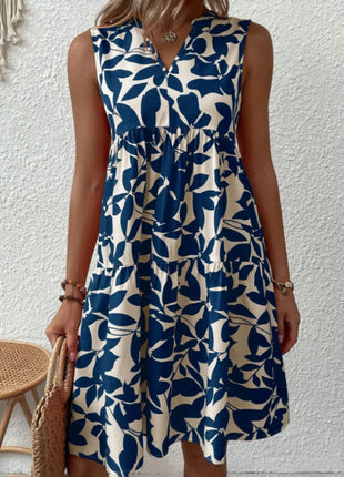 Printed V - Neck Sleeveless Mini Dress - MimiStylez