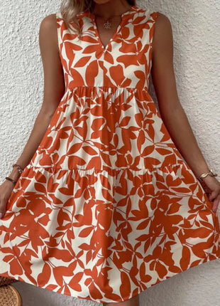 Printed V - Neck Sleeveless Mini Dress - MimiStylez