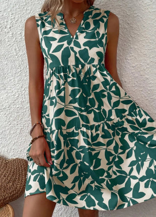 Printed V - Neck Sleeveless Mini Dress - MimiStylez