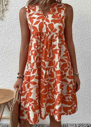 Printed V - Neck Sleeveless Mini Dress - MimiStylez