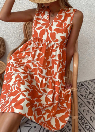 Printed V - Neck Sleeveless Mini Dress - MimiStylez