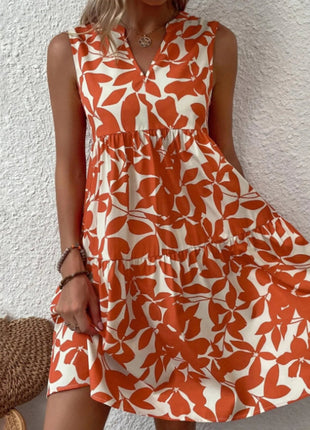 Printed V - Neck Sleeveless Mini Dress - MimiStylez