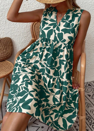 Printed V - Neck Sleeveless Mini Dress - MimiStylez