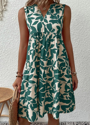 Printed V - Neck Sleeveless Mini Dress - MimiStylez