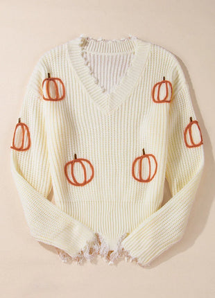 Raw Hem Pumpkin V - Neck Long Sleeve Sweater - MimiStylez