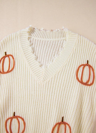 Raw Hem Pumpkin V - Neck Long Sleeve Sweater - MimiStylez