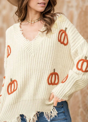 Raw Hem Pumpkin V - Neck Long Sleeve Sweater - MimiStylez