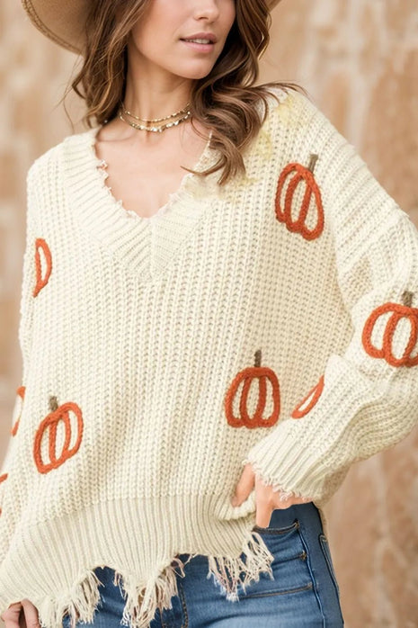 Raw Hem Pumpkin V - Neck Long Sleeve Sweater - MimiStylez