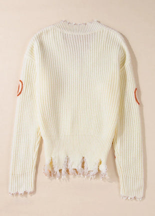 Raw Hem Pumpkin V - Neck Long Sleeve Sweater - MimiStylez