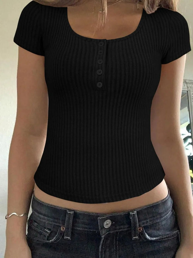 Ribbed Button Detail Round Neck Short Sleeve T-Shirt - MimiStylez