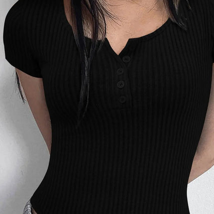 Ribbed Button Detail Round Neck Short Sleeve T-Shirt - MimiStylez