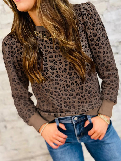 Ribbed Trim Leopard Print Long Sleeve Top - MimiStylez