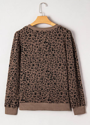 Ribbed Trim Leopard Print Long Sleeve Top - MimiStylez