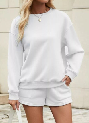 Round Neck Dropped Shoulder Top and Drawstring Shorts Set - MimiStylez