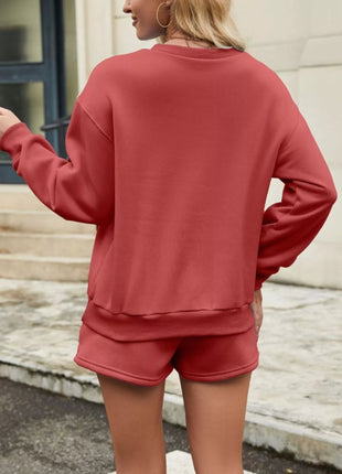 Round Neck Dropped Shoulder Top and Drawstring Shorts Set - MimiStylez