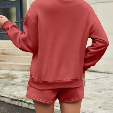Round Neck Dropped Shoulder Top and Drawstring Shorts Set - MimiStylez