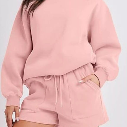 Round Neck Dropped Shoulder Top and Drawstring Shorts Set - MimiStylez