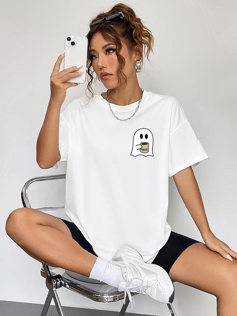 Round Neck Short Sleeve Ghost Graphic T-Shirt - MimiStylez