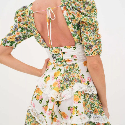 Ruffled Floral Print Half Sleeve Dress - MimiStylez