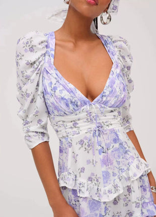 Ruffled Floral Print Half Sleeve Dress - MimiStylez