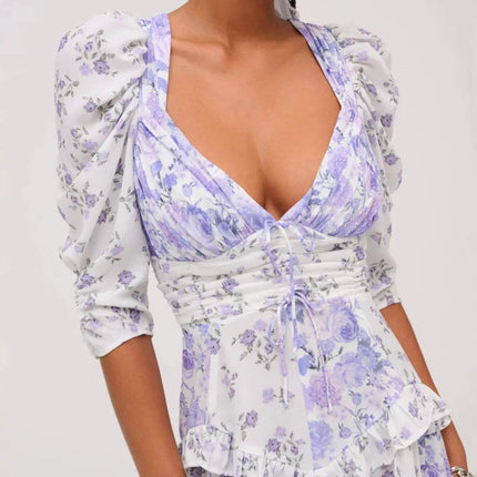 Ruffled Floral Print Half Sleeve Dress - MimiStylez