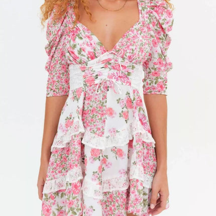 Ruffled Floral Print Half Sleeve Dress - MimiStylez
