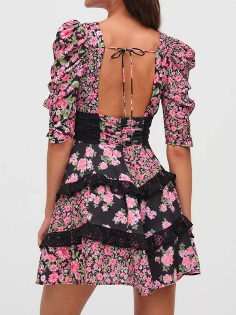 Ruffled Floral Print Half Sleeve Dress - MimiStylez