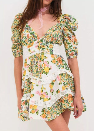 Ruffled Floral Print Half Sleeve Dress - MimiStylez