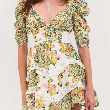 Ruffled Floral Print Half Sleeve Dress - MimiStylez