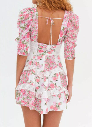 Ruffled Floral Print Half Sleeve Dress - MimiStylez