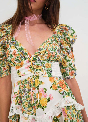 Ruffled Floral Print Half Sleeve Dress - MimiStylez