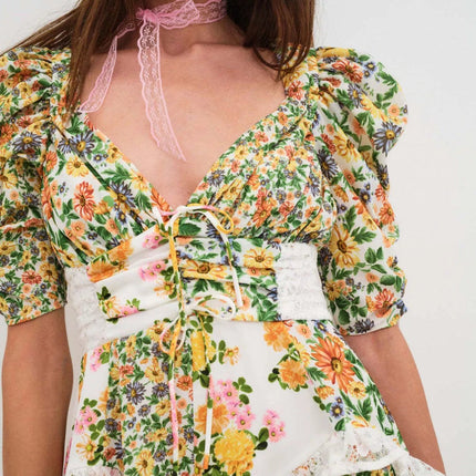 Ruffled Floral Print Half Sleeve Dress - MimiStylez