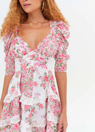 Ruffled Floral Print Half Sleeve Dress - MimiStylez