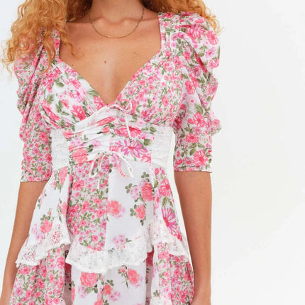 Ruffled Floral Print Half Sleeve Dress - MimiStylez