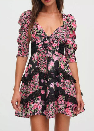 Ruffled Floral Print Half Sleeve Dress - MimiStylez