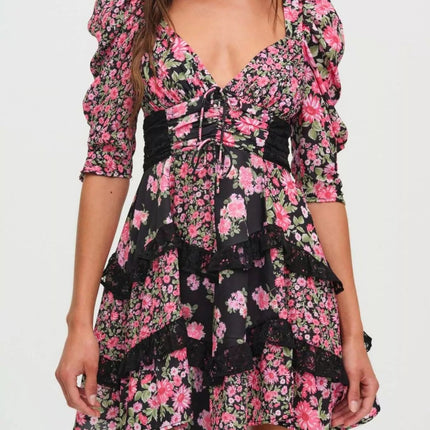 Ruffled Floral Print Half Sleeve Dress - MimiStylez