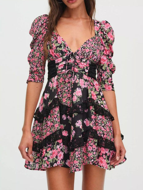 Ruffled Floral Print Half Sleeve Dress - MimiStylez