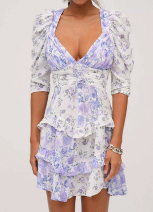 Ruffled Floral Print Half Sleeve Dress - MimiStylez