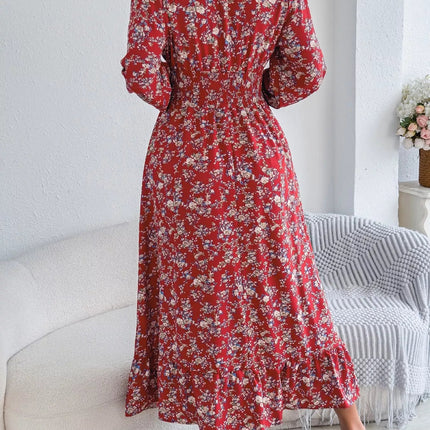 Ruffled Floral V - Neck Flounce Sleeve Dress - MimiStylez