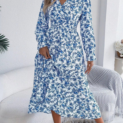 Ruffled Floral V - Neck Flounce Sleeve Dress - MimiStylez