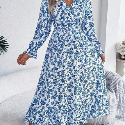 Ruffled Floral V - Neck Flounce Sleeve Dress - MimiStylez