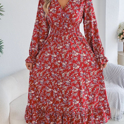Ruffled Floral V - Neck Flounce Sleeve Dress - MimiStylez