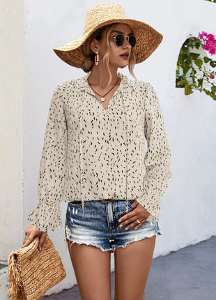 Ruffled Printed Tie Neck Long Sleeve Blouse - MimiStylez