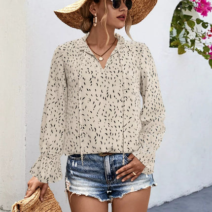 Ruffled Printed Tie Neck Long Sleeve Blouse - MimiStylez