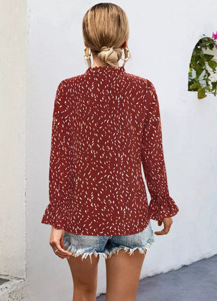 Ruffled Printed Tie Neck Long Sleeve Blouse - MimiStylez
