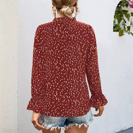 Ruffled Printed Tie Neck Long Sleeve Blouse - MimiStylez