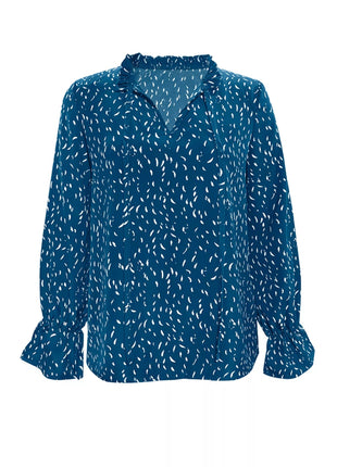 Ruffled Printed Tie Neck Long Sleeve Blouse - MimiStylez